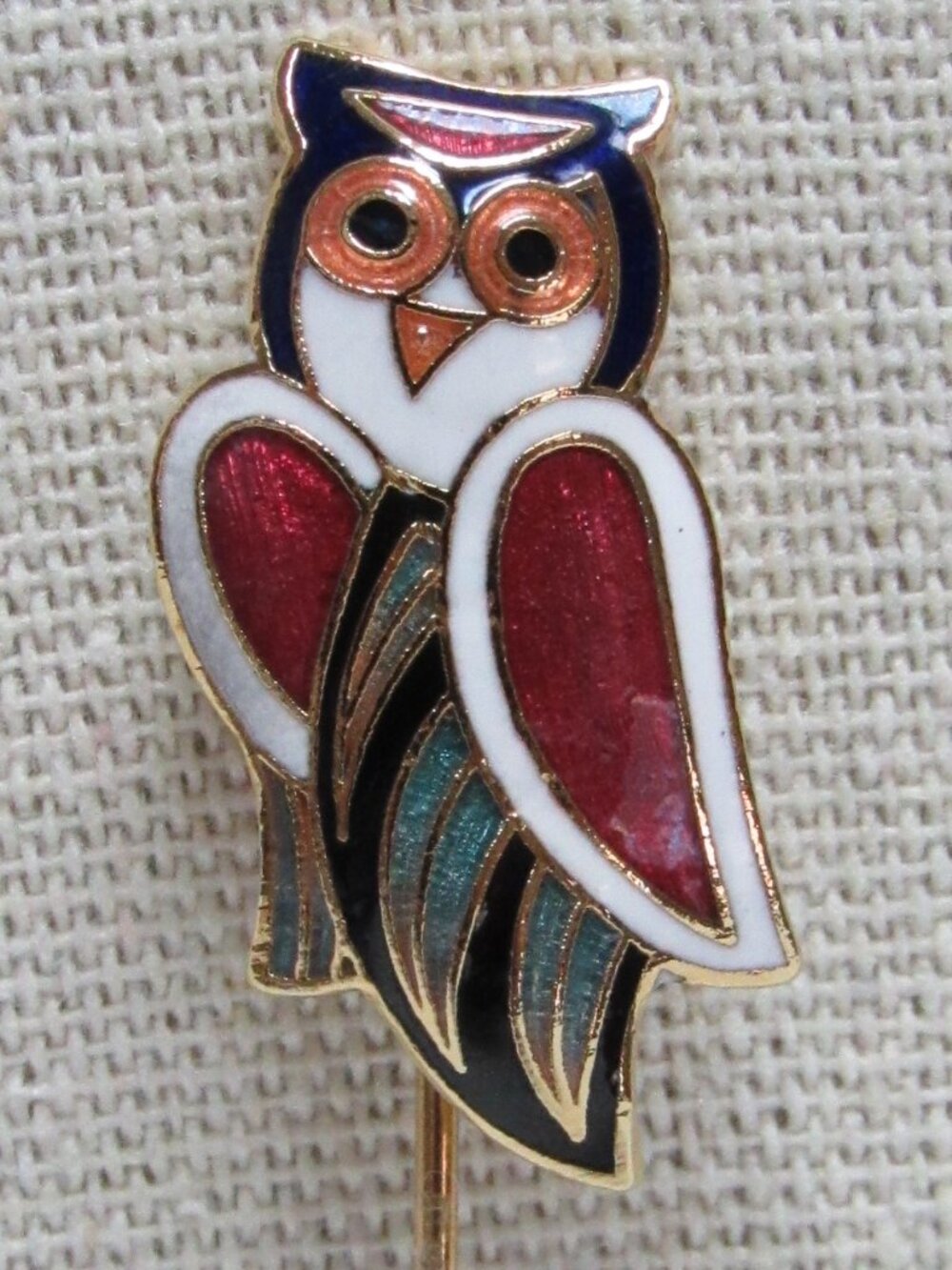 Vintage CLOISONNE Enamel OWL Stick Pin Brooch Pretty Red Blue Gold Accents